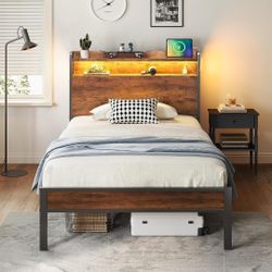 Twin Bed Frame with Wood Headboard, Sturdy Metal Platform with LED Lights&USB Charging Outlets