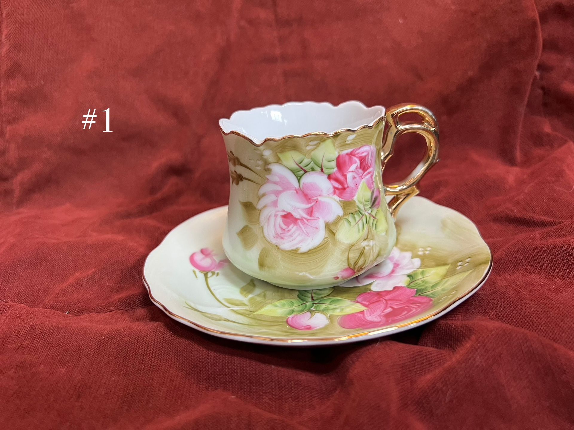 8 Lefton China green heritage rose hand painted teacup and saucer sets #3067