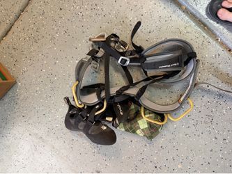 Black Diamond Climbing Harness, Evolve Shoes and a chalk bag