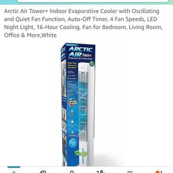 Arctic Air Tower+ Indoor Evaporative Cooler with Oscillating and Quiet Fan Function, Auto-Off Timer, 4 Fan Speeds, LED Night Light, 16-Hour Cooling, F