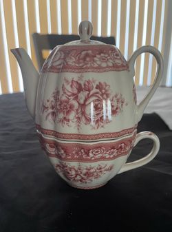 Vintage Floral Tea Pot & Cup Set – Pink Transferware Style