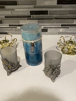 Big Blue Candle + Mini Candle Holders