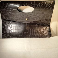 Women's Black Leather Crocodile Clutch 