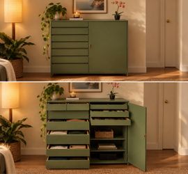 Green Dresser Cabinet with Drawers and Door