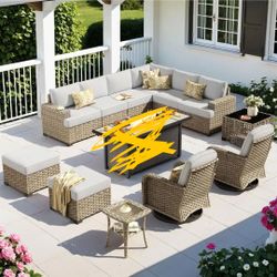 Lumisole 12-Piece Wicker Patio Set w/ Swivel Rocking Chairs & Grey Cushions
