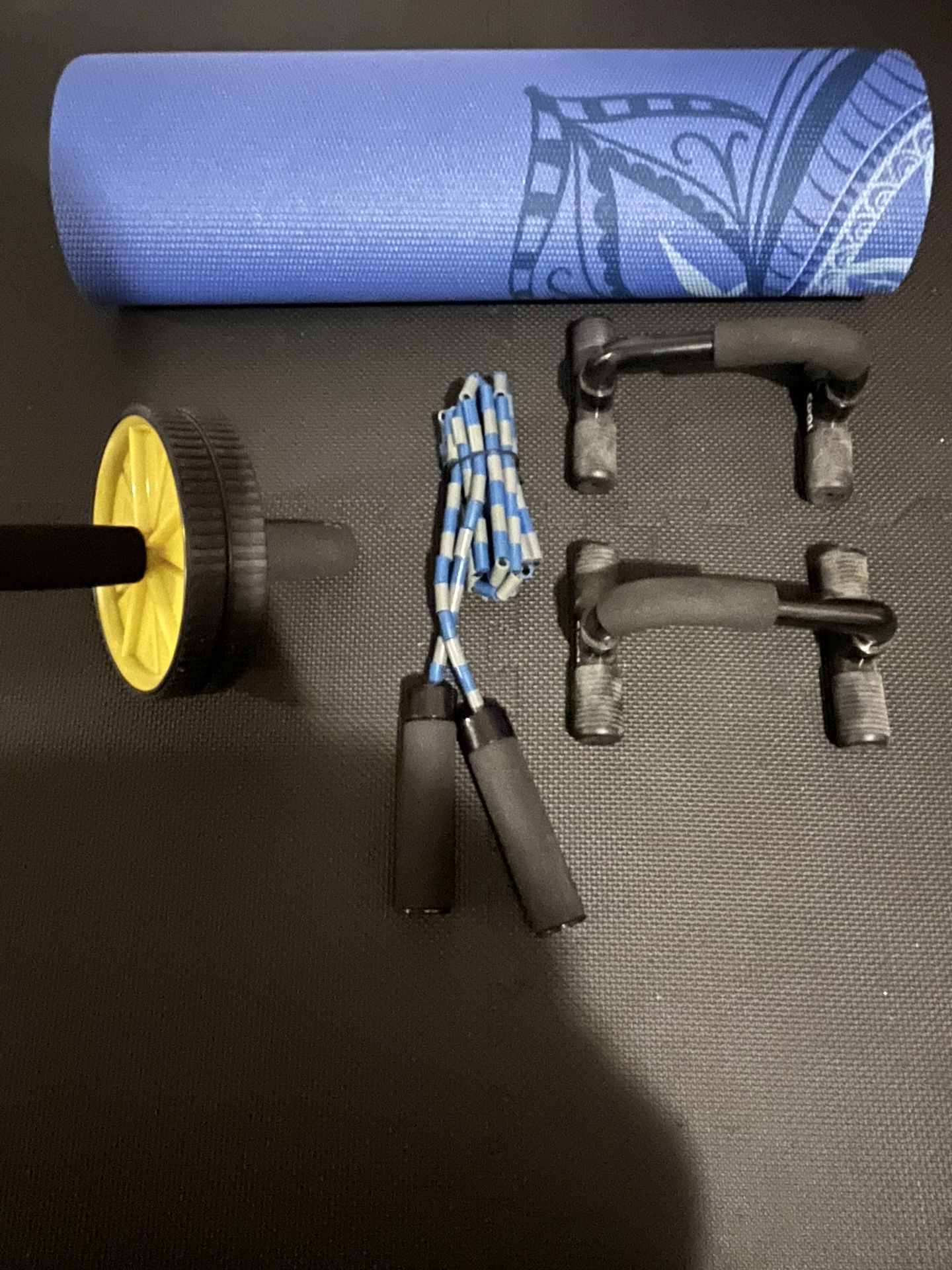 Yoga Mat, Ab Roller , Pushup Bars And Jump Rope