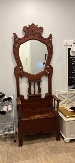 Antique Chair With Close Hook Mirror And Storage Compartment