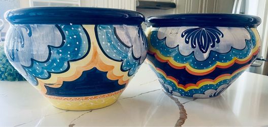Two Hand-Painted Talavera Ceramic Planters Set of 2