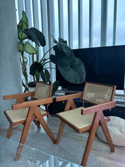 Set of solid wood rattan chairs