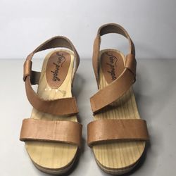 Free People Brown Leather Open Toe Wooden Wedge Sandals Women Sz 38EU/7.5US/6UK