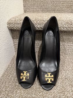 Tory Burch Wedged Open Toe Shoes Sz 7.5 Black 3.5” Heel Leather Upper & Lining