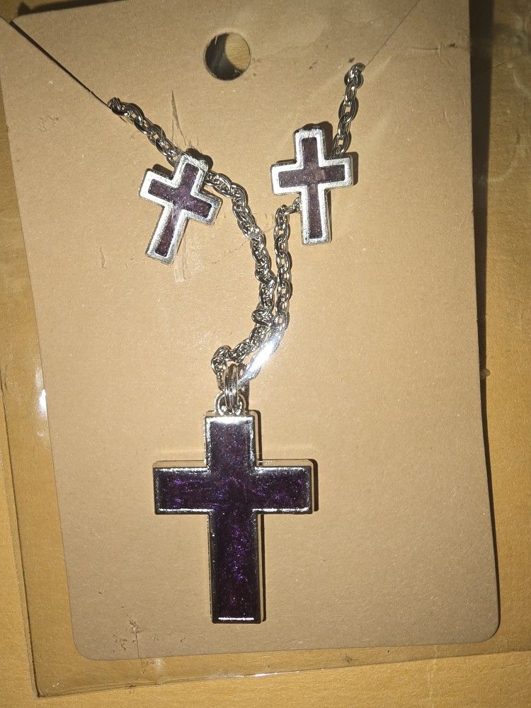 Dark Purple Resin Cross Necklace And Earrings