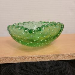 Vintage Murano Glass Green Bullicante Scalloped Candy Trinket Dish Bowl