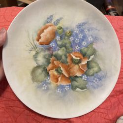 Hand Painted Floral Dinner Plate Signed Ruth Crawley Vintage 1967