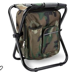 Kikerike Folding Stool Backpack Insulated Cooler Bag, Collapsible Camping Hunting Fishing Multifunction Chair with Front Pocket and Bottle Pocket for 