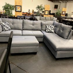 New Gray Linen-like L-shape Sectional Sofa Couch with Storage Ottoman