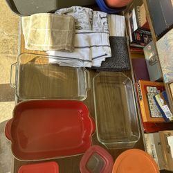 Lot Of Kitchen Items Large Cookie Sheet Pyrex Containers Hand Towels 