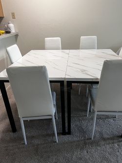 Faux marble Dining Table With 6 White Chairs