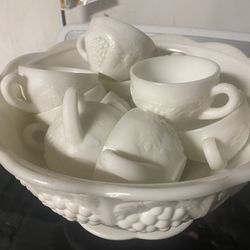 Antique Milk Punch Bowl W 12 Glasses