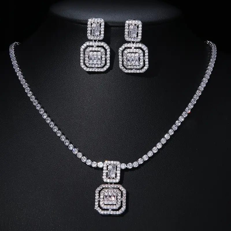 Silver Plated Paved Tennis Pendant Necklace and Earrings Jewelry Set 