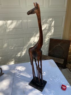Vintage 38" Hand Carved Wooden Giraffe Statue - Mother & Baby Wood Floor Decor