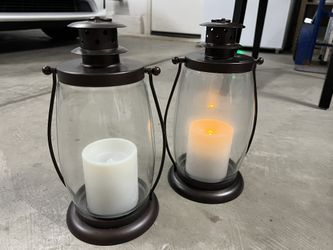 Glass/metal Lantern Powered By Batteries Bronze