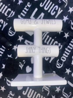 Rae Dunn Ceramic Hand Painted White Jewelry Stand 2pc "GEMS & JEWELS"