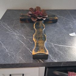 Rustic Solid  Wooden Cross with Metal Flower