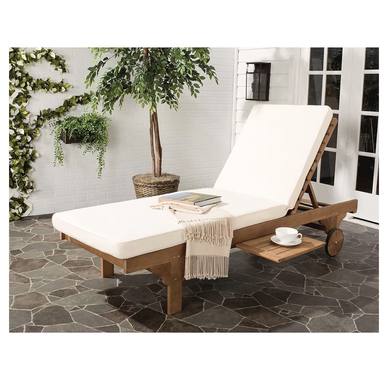 SAFAVIEH Outdoor Collection Newport Natural/Beige Cushion Built-in Side Table Adjustable Lounge Chair