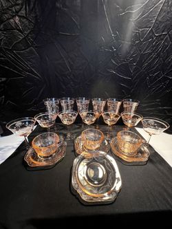 Vintage 1930S Era, Pink Depression Glass 19 Etched Floral Style Stemware, And Tea Cups