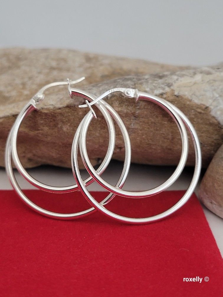 ❤️ Sterling Silver Graduated Double Hoop Earrings, Aretes De Plata Esterlina 925
