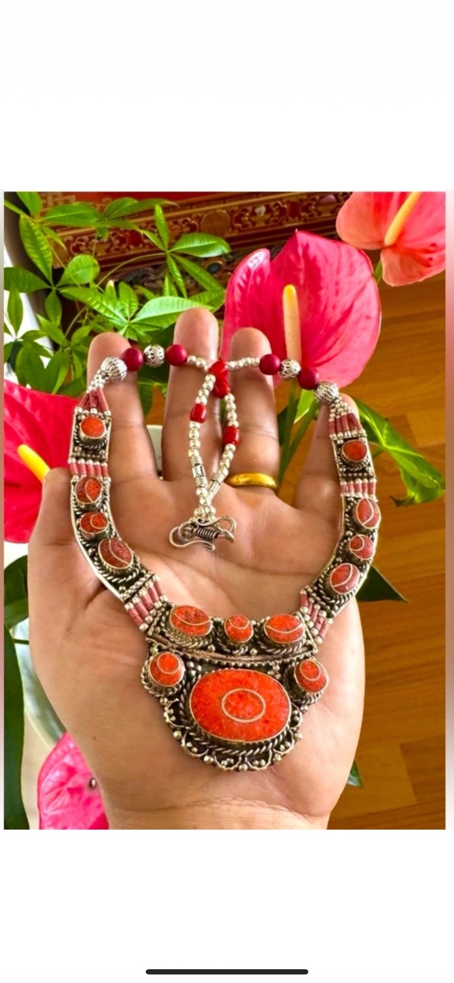 Vintage & Elegant Handcrafted Ethnic Style Statement Necklace Inlay With Tibetan Coral Set In Silver 19”inch & 126grams