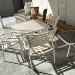 Patio dining set 4 dining chair, 1 lounger chair, 2 small round and one square glass top end tables