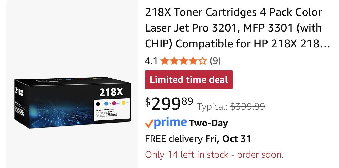 218X Toner Cartridges 4 Pack Color Laser Jet Pro 3201, MFP 3301 (with CHIP) Compatible for HP 218X 218...