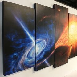 Canvas wall decoration 34”x60”- 5 pieces. Brand new we can make it in different sizes, from 4.5”x4.5” to 30”x66”, Wood frame and sprayed with glossy