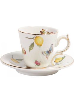 ButterflyPorcelain Cup and Saucer Set with Gold Trim, 3 Oz New