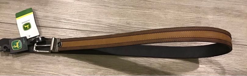 NWT~JOHN DEERE~Men’s Two Tone Brown Leather Belt~Size Extra Large 42-44~Silver Tone Logo Metal buckle