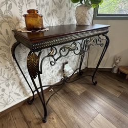 Costello Country Aged Bronze Walnut Steel Console Table Entryway  