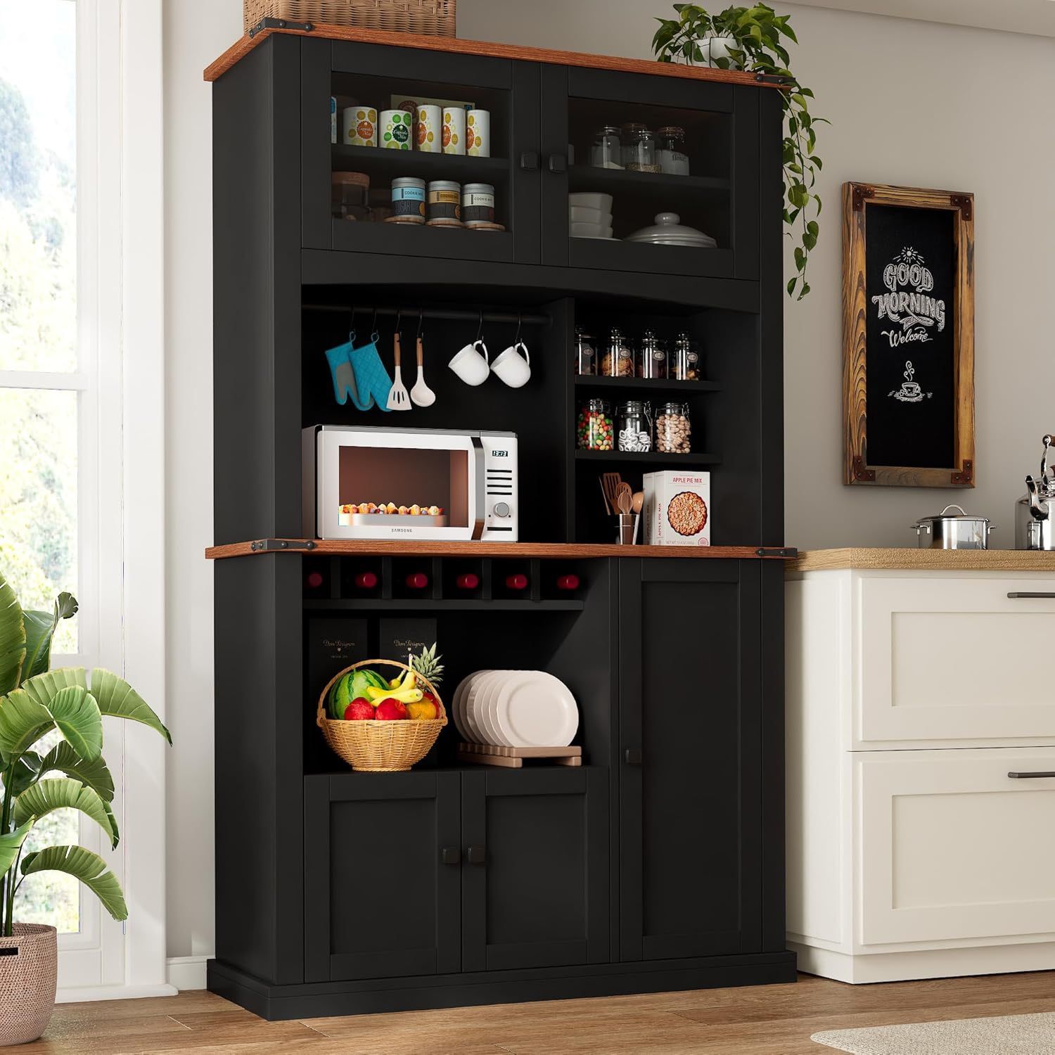 71" Tall Kitchen Pantry Storage Cabinet with Microwave Stand and Wine Rack, Farmhouse Kitchen Hutch with Adjustable Shelves and Glass Door, Coffee Bar