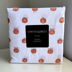 NEW Cynthia Rowley Queen Sheet Set – White Pumpkin Pink Bow Fall Bedding 