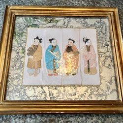 Antique Chinese Silk Appliqué Trapunto Framed Art - Four Immortals, c. 1930s