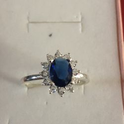 .925 Anillo De Plata Piedra CZ Azul Size 7