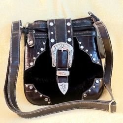 Western Purse with Buckle and Bling! NEW, NEVER USED. Chocolate Brown with Black Fur.