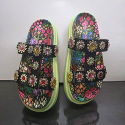 Betsey Johnson Madoxx Sandals Ditsy Floral Black Jeweled Platform Slides Size 8