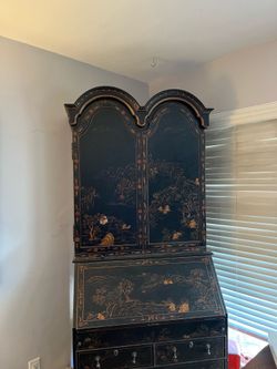 Vintage Oriental Chinese Chinoiserie Black Lacquer Secretary with Drawers
