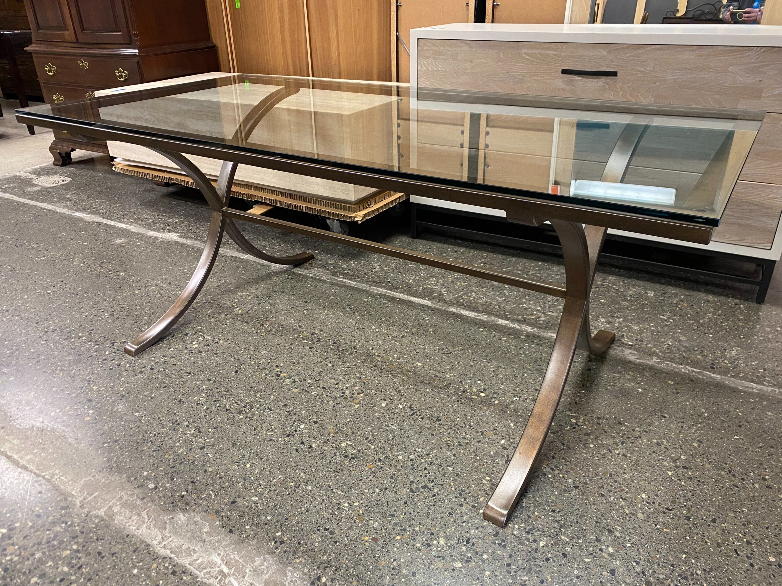 Rectangular Glass Top Dining Table w/ Bronze Cross Leg Base