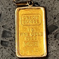 Credit Suisse 1 Gram 999 Gold Bar in 14K Gold Bezel Pendant