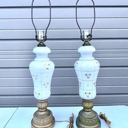 Pair of Vintage Hand Blown Floral Lamps
