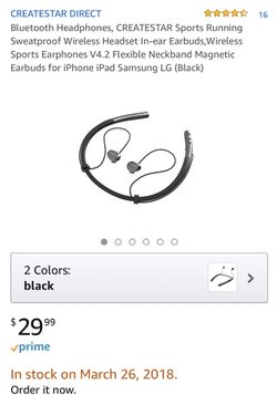 Bluetooth Headphones, CREATESTAR Sports Running Sweatproof Wireless Headset In-ear Earbuds,Wireless Sports Earphones V4.2 Flexible Neckband Magnetic