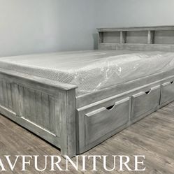 Solid Wood Queen Bed w Drawers and Memory Foam Mattress